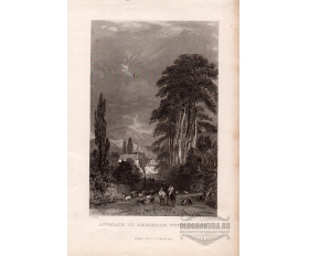1834 год. Гравюра, пейзаж, дорога в Амблсайд, Англия