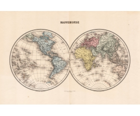 1892 год. Старинная карта Полушарий, гравюра, акварель