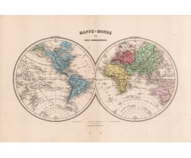 Карта полушарий Земли 1882 года, гравюра, акварель, антиквариат
