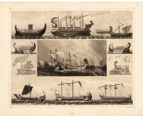 1857 год. Корабли викингов и римлян, гравюра со стали