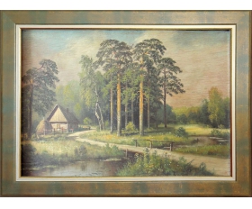 1920-е гг. Старинная картина, Лесной пейзаж, фанера, масло, рама