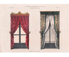 1839 год. Драпировка оконных проемов шторами, литография