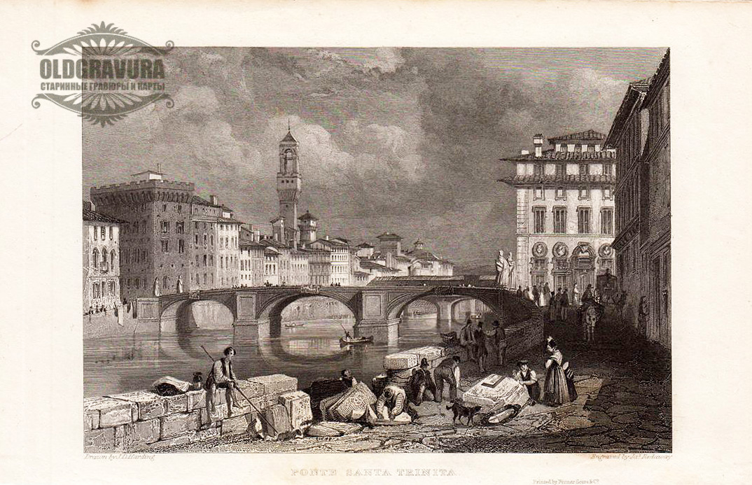Старинная итальянская гравюра 1830-х гг Флоренция Мост Санта-Тринита (Италия)